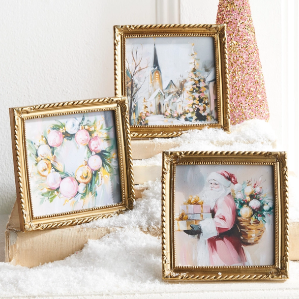 Raz 5.5" Twilight Tidings Mini Gold Framed Pink Wall Art Christmas Sign 4636569