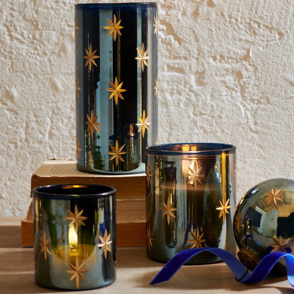 Raz 3.5", 5", or 8" Etched Blue Star Container or Christmas Candle Holder