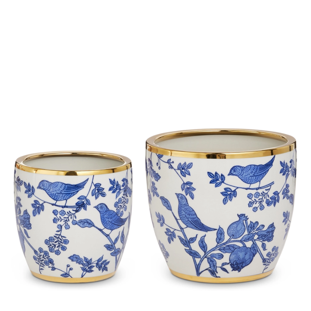 Raz 8" Set of 2 Blue Bird Delft Cache Pot Christmas Home Decoration 4651089