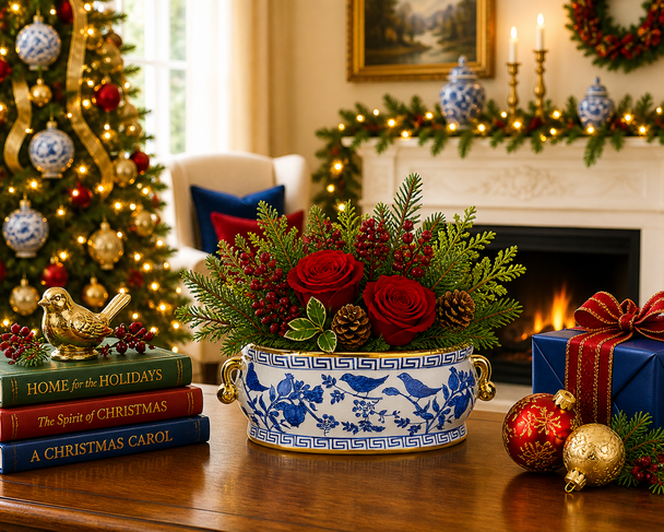 Raz 6.5" Blue Bird Delft Planter with Handles Christmas Decoration 4651094-2