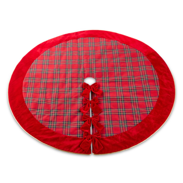 Raz 60.5" Plaid Christmas Tree Skirt with Red Velvet Bows 4604517-2