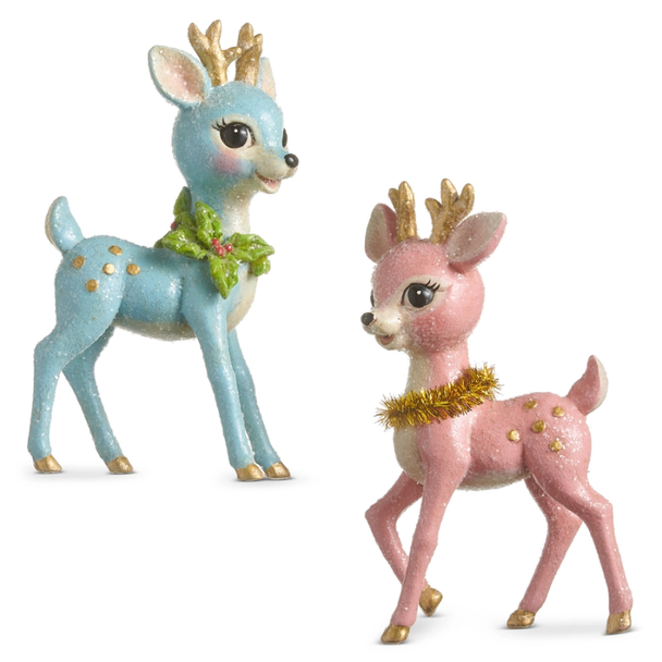 Raz 4.25" Set of 2 Blue and Pink Retro Deer Christmas Ornament 4607013