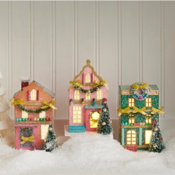 Raz 5.5" Set of 3 Lighted Paper Multicolored House Christmas Ornament 4615579