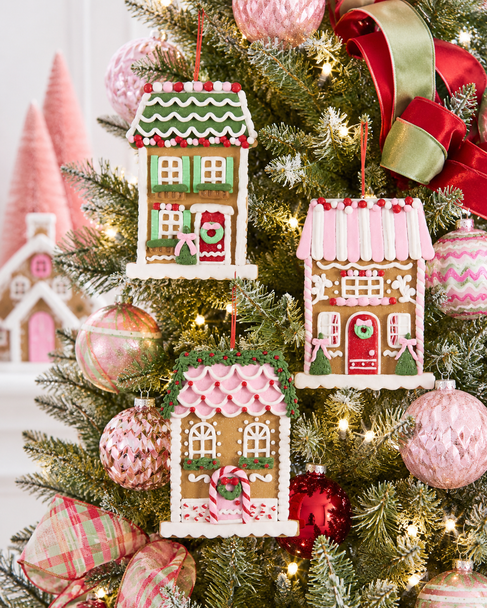 Raz 7" Set of 3 Gingerbread Patisserie Pink House Christmas Ornaments 4616426-2