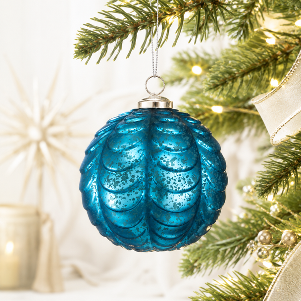 Raz 5" Blue Ornament Drape Pattern Glass Christmas Ornament 4619529-2