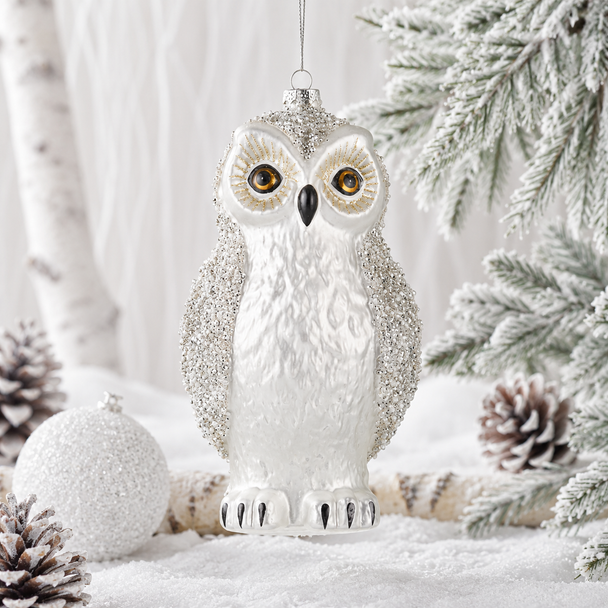 Raz 9" Large Snowy Winter Owl Glass Christmas Ornament 4622231 - 2