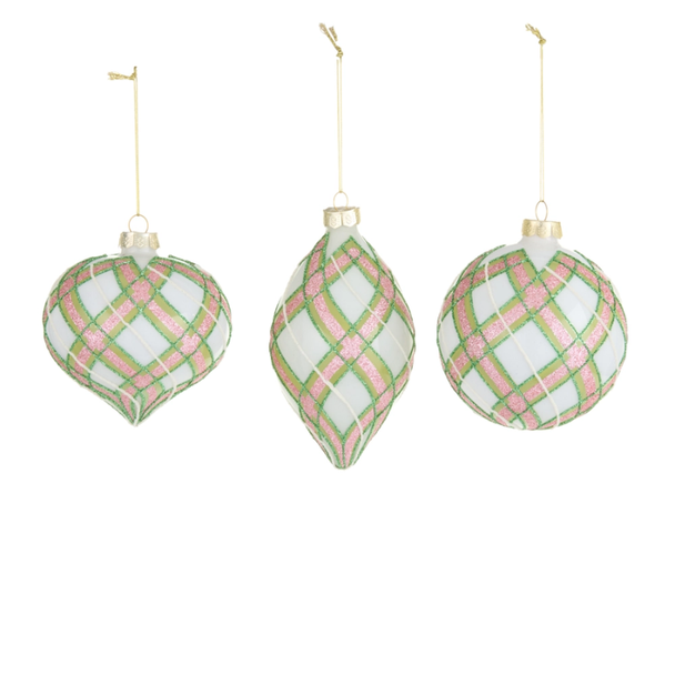 Raz 4" Set of 3 Pink and Green Plaid Glass Christmas Ornament 4623056
