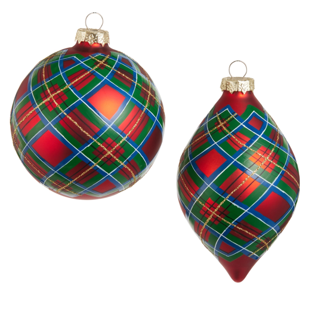 Raz 4" Set of 2 Plaid Glass Christmas Ornament 4624799