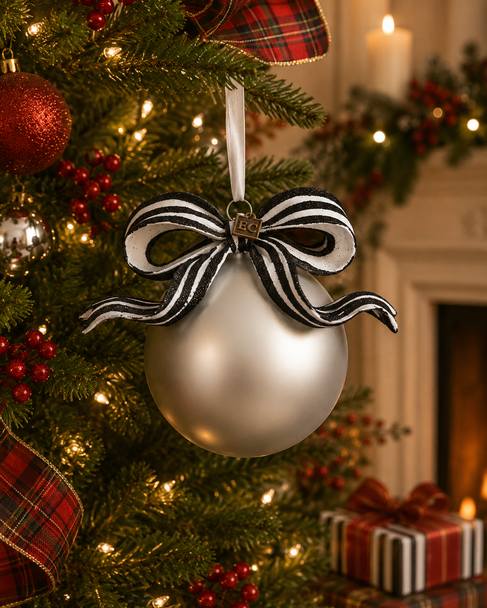 Raz Eric Cortina 5.5" Black and White Stripe Ribbon Ball Glass Christmas Ornament 4624919-2