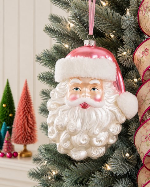 Raz 10" Large Pink Santa Head Glass Christmas Ornament 4625030-2