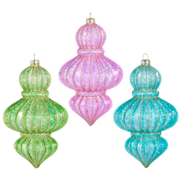 Raz 7.5" Set of 3 Bright Glitter Finial Glass Christmas Ornament 4625032