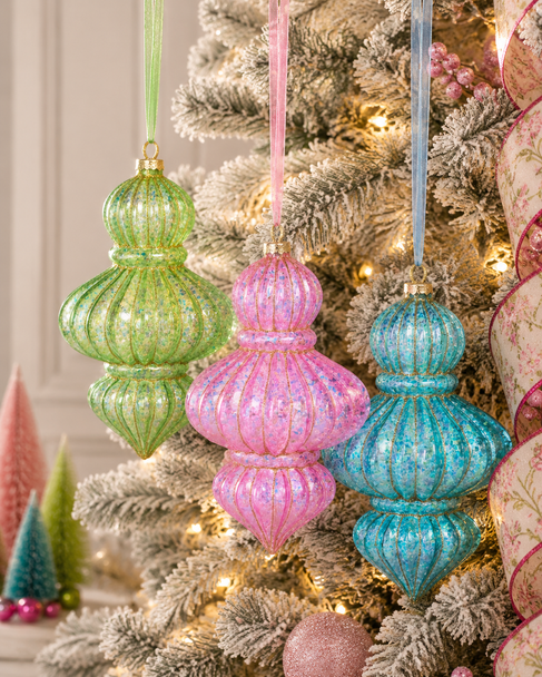 Raz 7.5" Set of 3 Bright Glitter Finial Glass Christmas Ornament 4625032-2