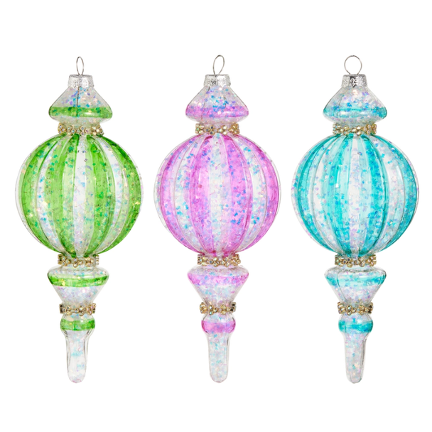 Raz 7.5" Set of 3 Bright Stripe Finial Glass Christmas Ornament 4625033