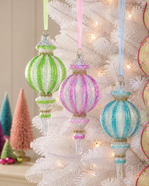 Raz 7.5" Set of 3 Bright Stripe Finial Glass Christmas Ornament 4625033-2