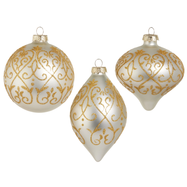 Raz 4" Set of 3 White and Gold Scrollwork Glass Christmas Ornament 4625055