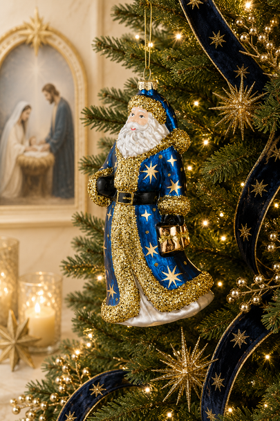 Raz 7.5" Blue and Gold Celestial Santa Glass Christmas Ornament 4625057-2