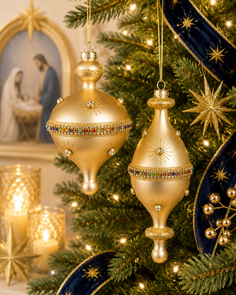 Raz 7.5" Set of 2 Gold and Jewel Finial Glass Christmas Ornament 4625058-2