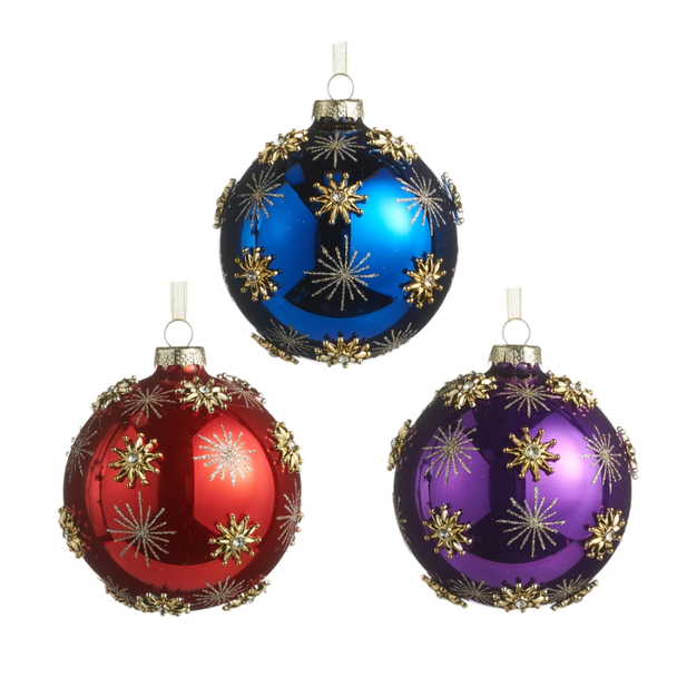 Raz 4" Set of 3 Gold Snowflake Ball Glass Christmas Ornament 4625060
