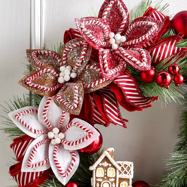 Raz 10.5" Gingerbread and Peppermint Clip-On Poinsettia Christmas Ornament 4631100