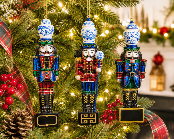 Raz 8" Set of 3 Delft Noble Nutcracker Glass Christmas Ornament 4652913-2