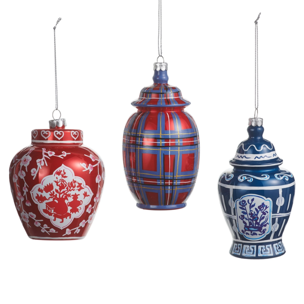Raz 5" Set of 3 Dressed in Plaid Chinoiserie Glass Christmas Ornament 4652914