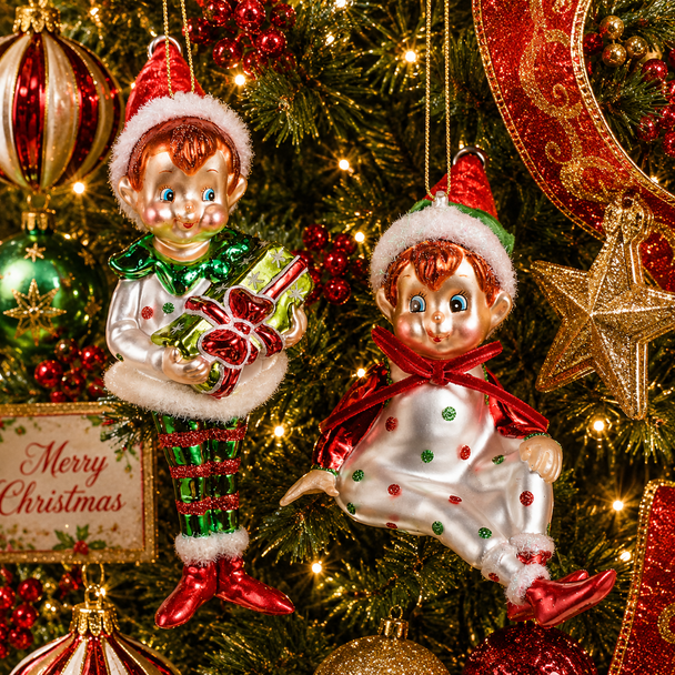 Raz 6" Set of 2 Elf Glass Christmas Ornament 4652969-2