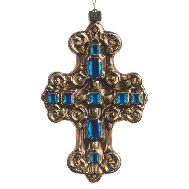 Raz Eric Cortina 6.25" Blue Jeweled Cross Glass Christmas Ornament 4653158