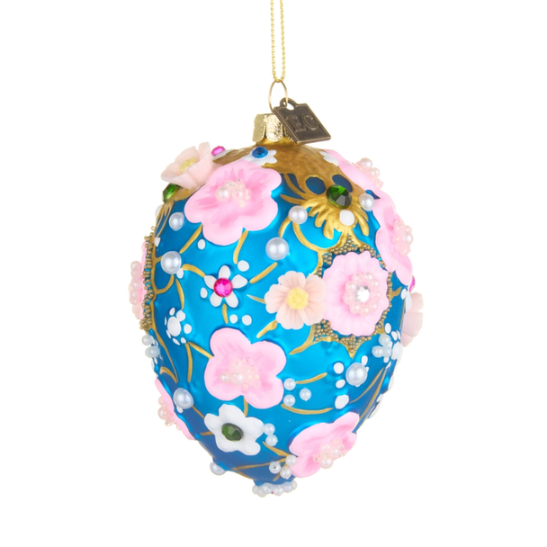 Raz Eric Cortina 4" Blue and Pink Floral Egg Glass Christmas Ornament 4653220