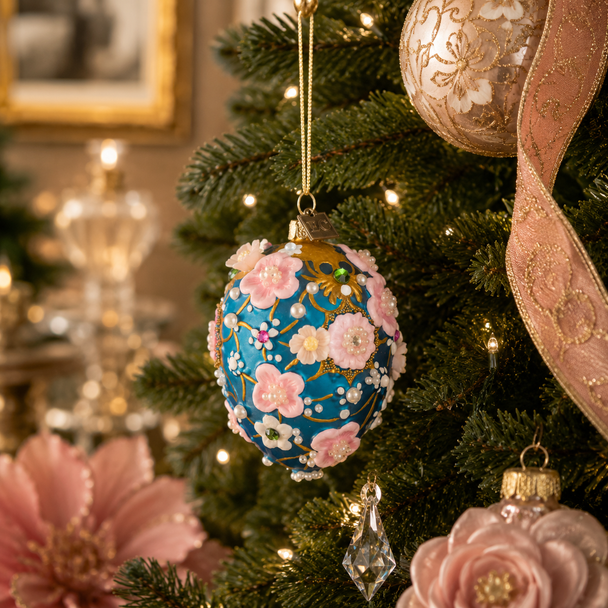 Raz Eric Cortina 4" Blue and Pink Floral Egg Glass Christmas Ornament 4653220-2