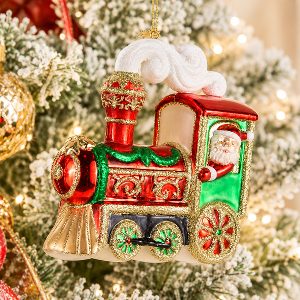 Raz 6" Santa Train Glass Christmas Ornament 4657709-2