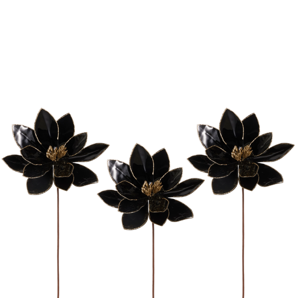 Raz 21" Set of 3 Black Metallic Poinsettia Stem Christmas Tree Accessory F4631064