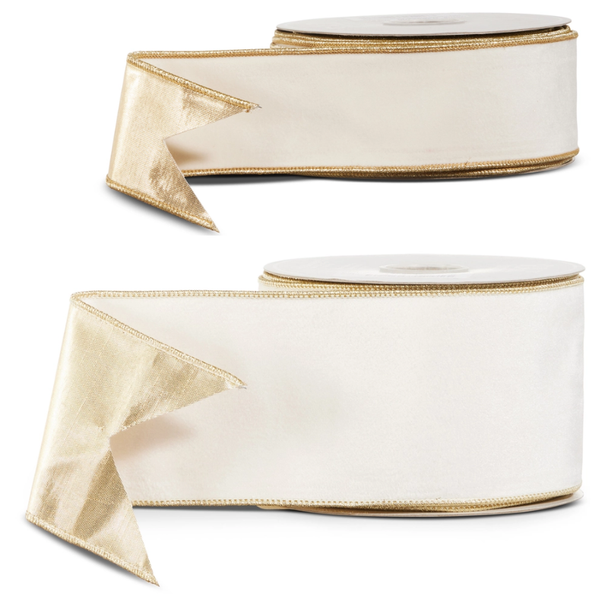 Raz 2.5" or 4" Ivory Velvet and Gold Double Sided Wired Christmas Ribbon