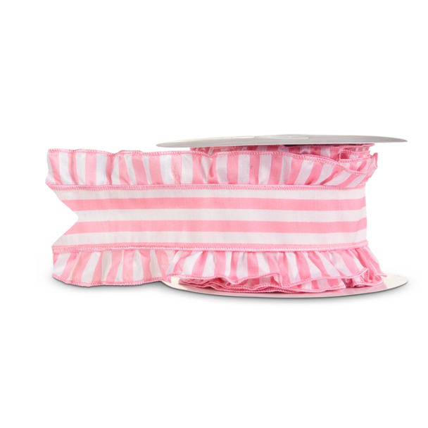 Raz 4" X 10 Yds Pink and White Striped Ruffle Edge Wired Christmas Ribbon R4671760