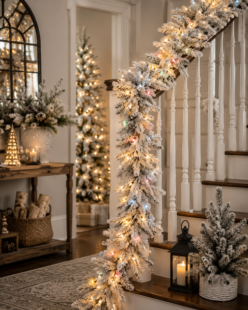 Raz 9' Pre-Lit Connectable Flocked Noble Fir Christmas Garland G4652011T-2
