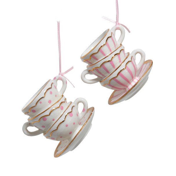Kurt Adler 3" Set of 2 Porcelain Tea Cup Christmas Ornaments J7853