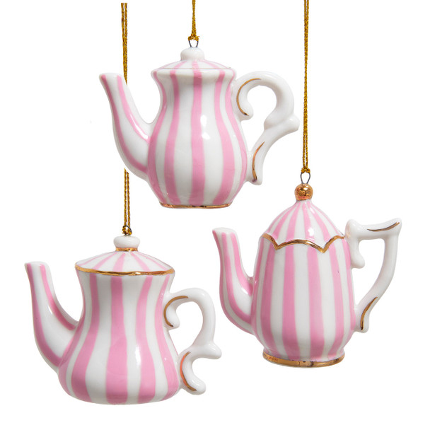 Kurt Adler 2.5" Set of 3 Porcelain Tea Pot With Stripes Christmas Ornaments J7854