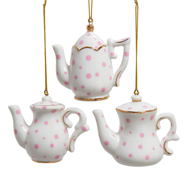 Kurt Adler 2.5" Porcelain Tea Pot With Polka Dots Christmas Ornaments J7855