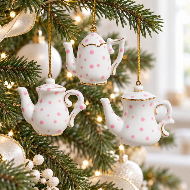 Kurt Adler 2.5" Porcelain Tea Pot With Pink Polka Dots Christmas Ornaments Set of 3  J7855-2