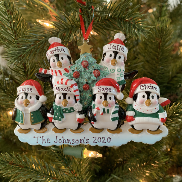 Family Personalized Christmas Ornament with 6 Penguins