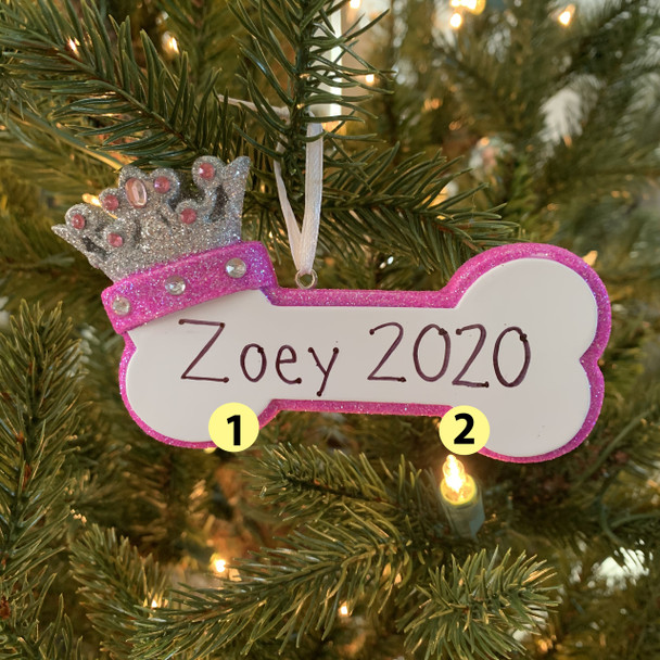 Hueso de perro rosa con adorno navideño personalizado con corona de princesa -2