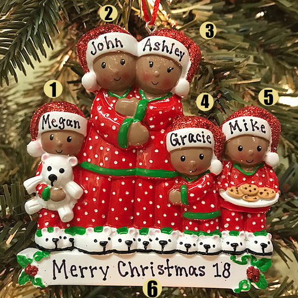 African American Pajama Family of 5 Personalized Christmas Ornament 