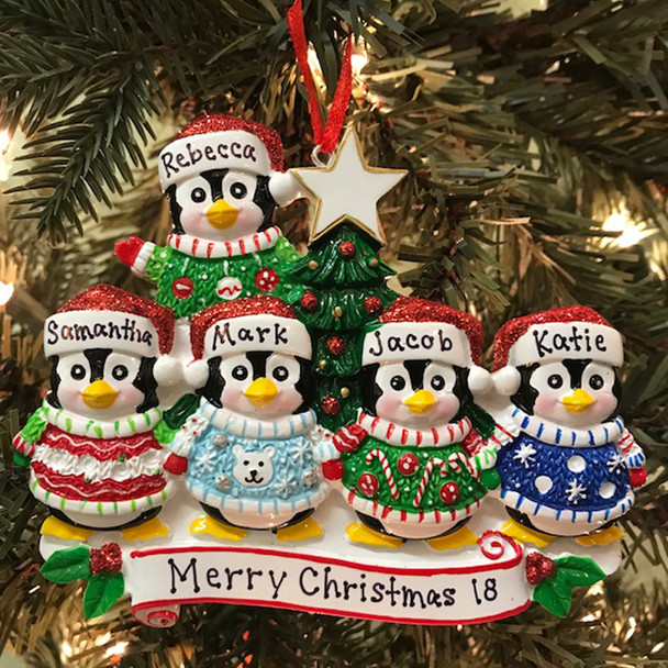 Ugly Sweater Penguin Family of 5 Personalized Christmas Ornament 