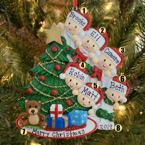 Family of 6 Around the Christmas Tree Personalized Ornament OR1789-6