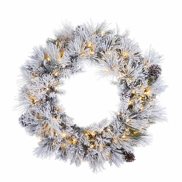 Corona navideña de pino flocado preiluminada de 30 "Raz con luces blancas cálidas W4052019 -2