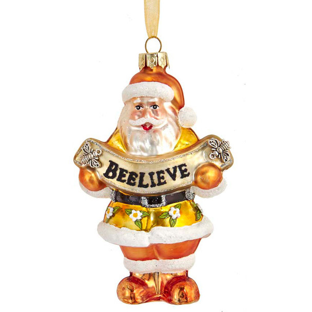 Kurt Adler navideño de cristal con diseño de Papá Noel dorado y blanco de 4,5 pulgadas con pancarta de abeja T2707 -3