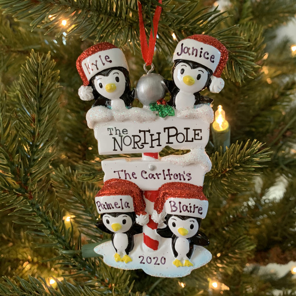 Penguin Family of 4 at The North Pole Personalized Christmas Ornament OR1739-4
