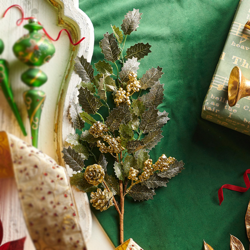 Raz 29" White Glittered Holly Christmas Tree Spray Raz Imports Raz Christmas Christmas