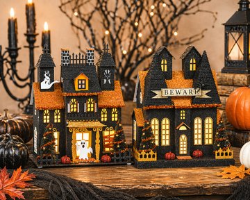 Raz 11.5" Lighted Paper Haunted House Set of 2 Halloween Decoration ...