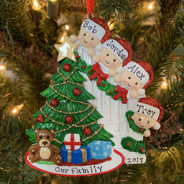 Family of 4 Around the Christmas Tree Personalized Ornament