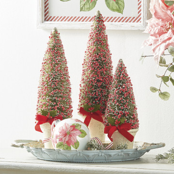 Set/ 4 3 Green Striped Bottlebrush Tree w/ Red Ornaments (Pack of 6)